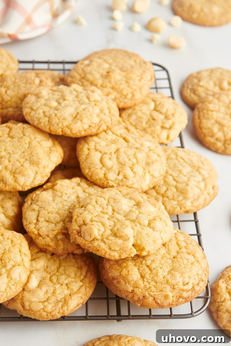 A stack of perfectly golden-brown white chocolate macadamia nut cookies resting on a wire rack, with more cookies blurring in the background.