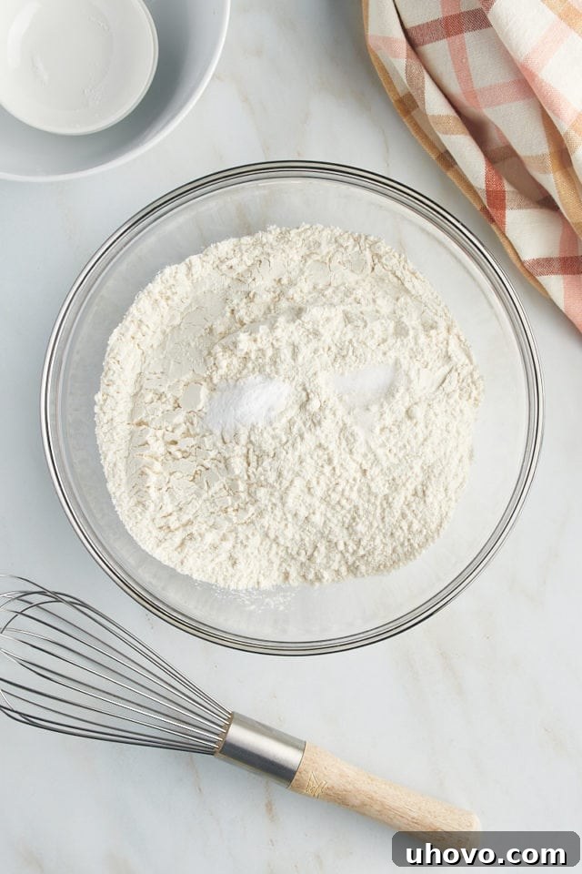 Overhead view of dry ingredients, including flour, baking soda, and salt, in a mixing bowl before being whisked together.