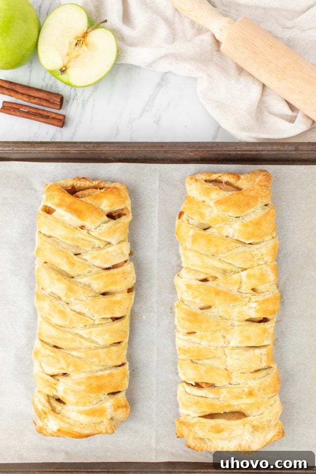 Overhead view of a freshly baked apple strudel, golden brown and puffed, cooling on a baking sheet straight from the oven.