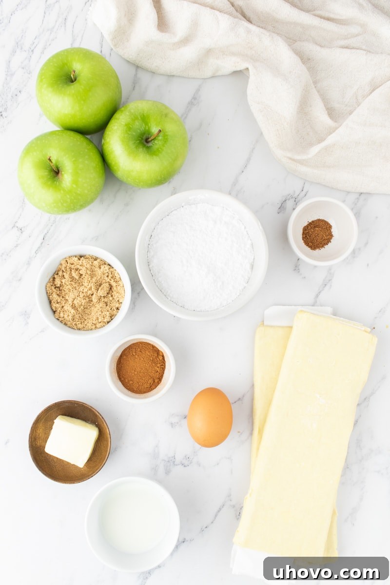 Overhead view of all the essential ingredients laid out for making apple strudel, including sliced apples, butter, brown sugar, cinnamon, nutmeg, and puff pastry.