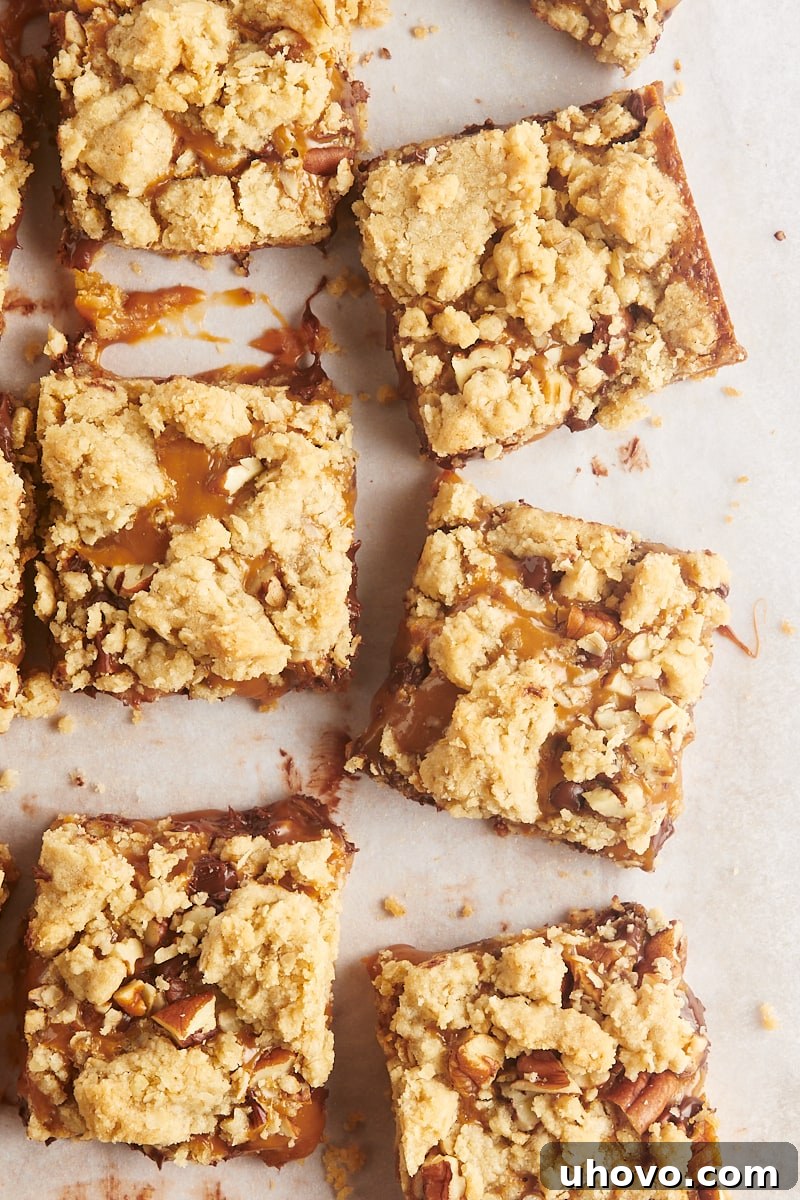 Overhead view of carmelita squares on parchment paper