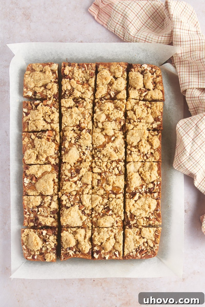 Overhead view of cut carmelita bars