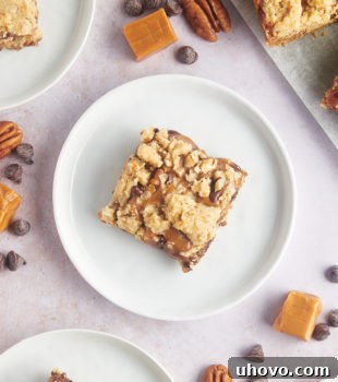 Overhead view of carmelitas on plates with pecans, chocolate chips, and caramels scattered on countertop