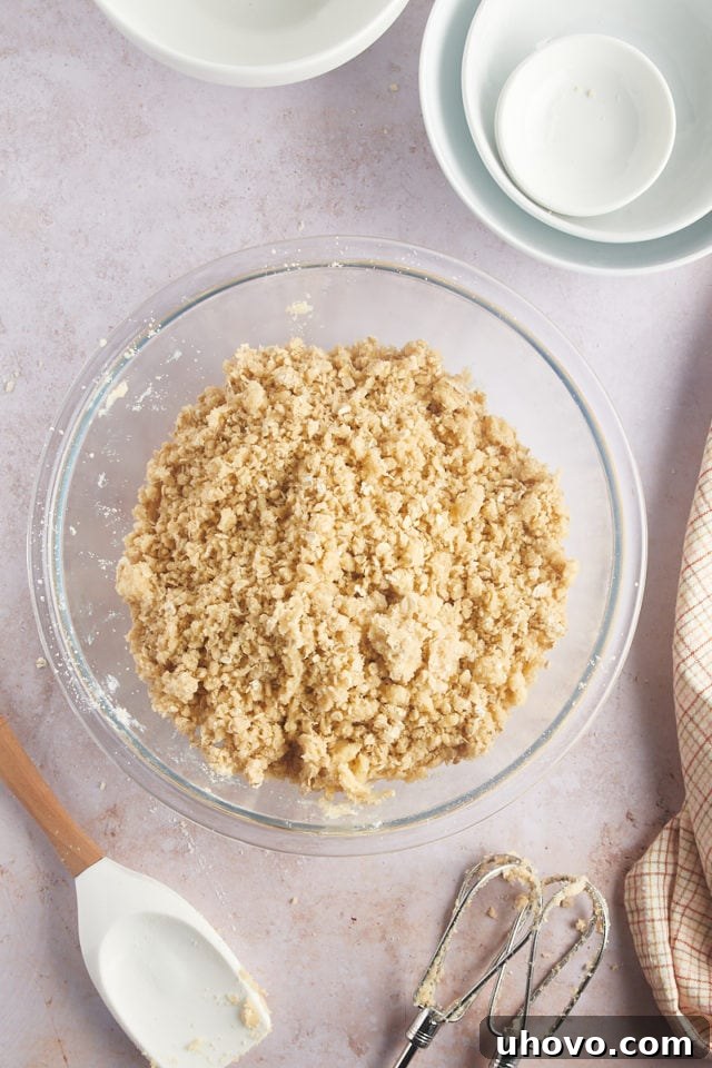 Overhead view of oat crust mixture in glass bowl