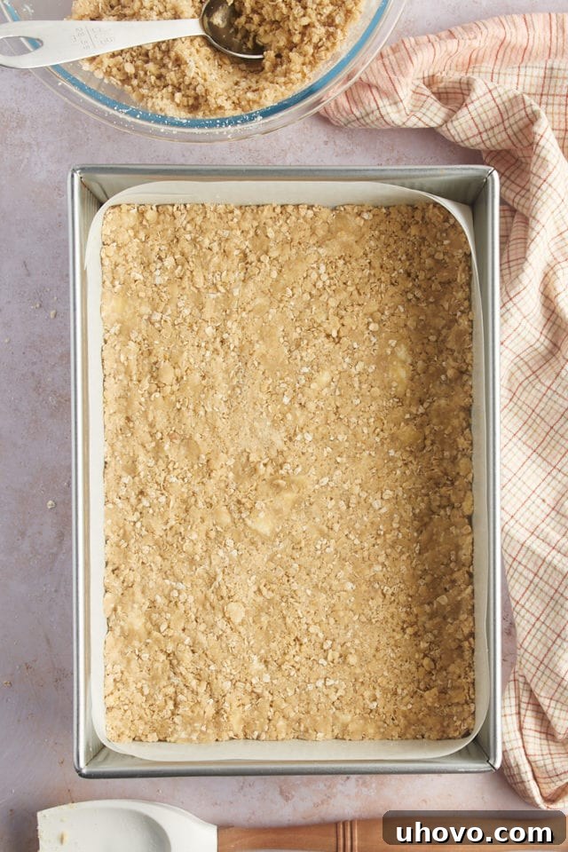 Overhead view of oat crust in pan