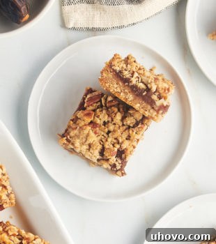 Two date bars on a white plate, one showing the layers of crust and filling.