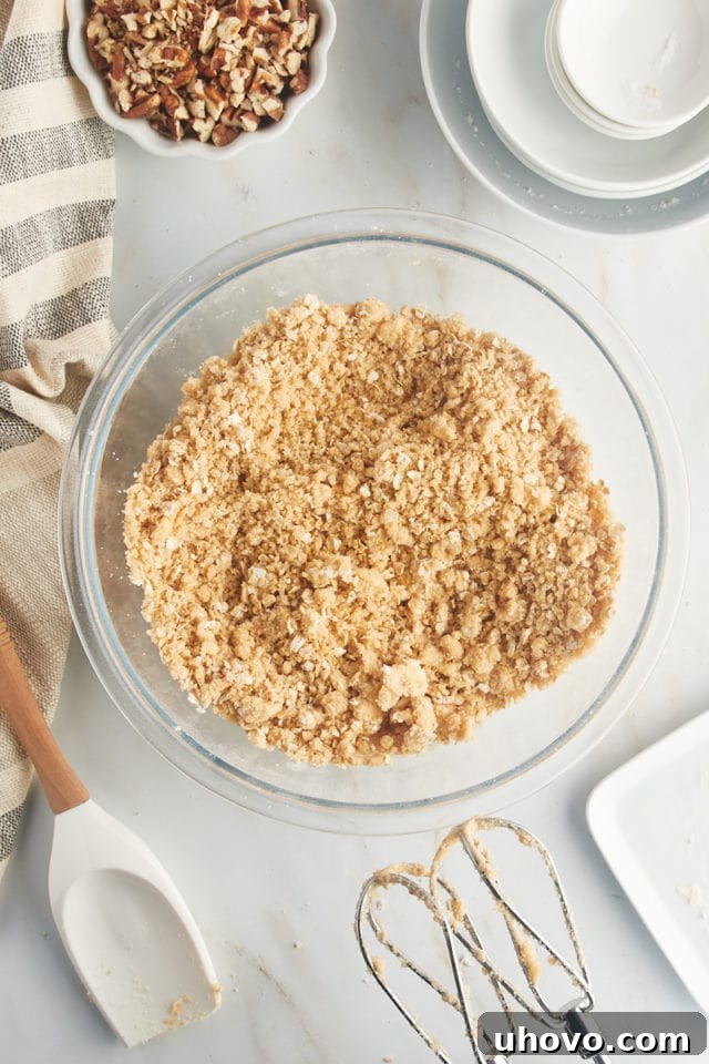 Overhead view of the crumbly oat crust mixture in a large mixing bowl, ready for assembly.