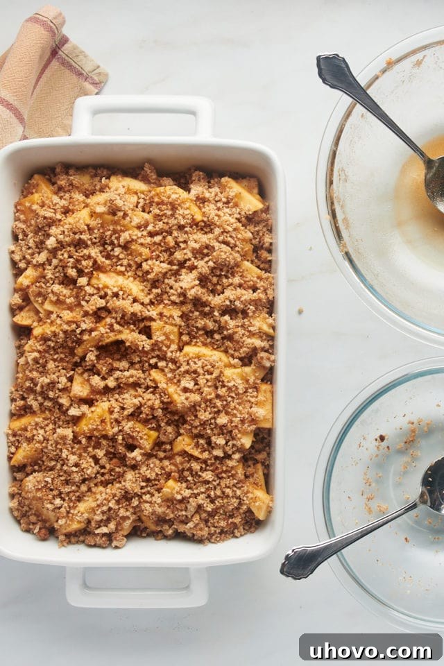 Overhead view of the assembled Apple Brown Betty in a dish before baking, showing layered apples and breadcrumbs.