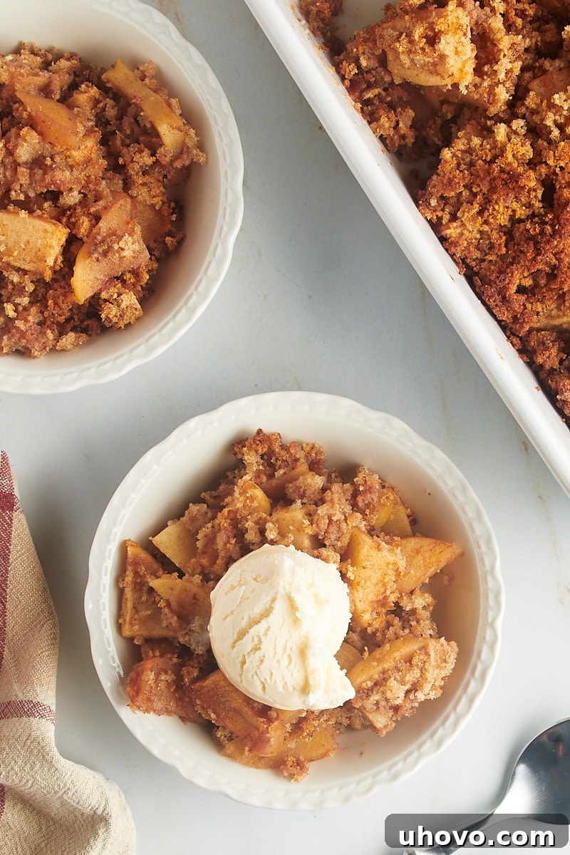 Overhead view of Apple Brown Betty in two individual bowls and the full baking dish.