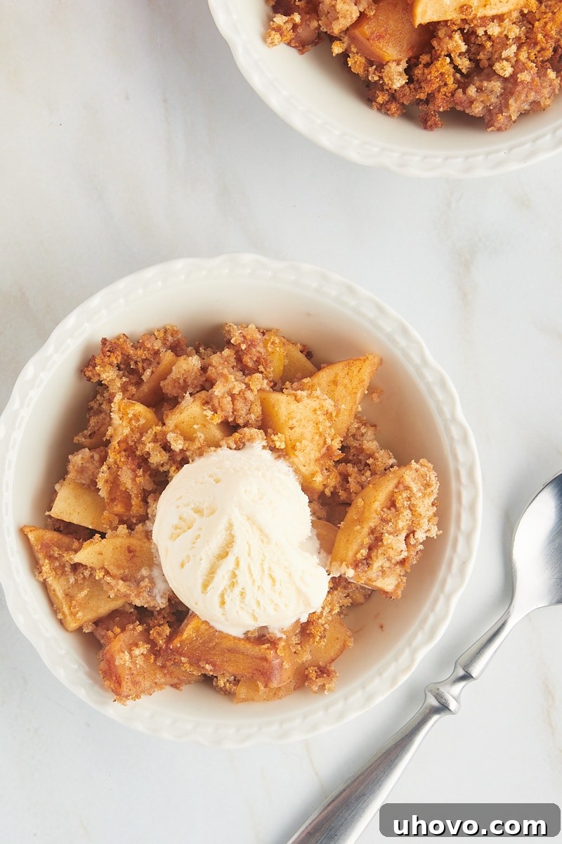 Overhead view of Apple Brown Betty in a bowl with a melting scoop of vanilla ice cream on top.