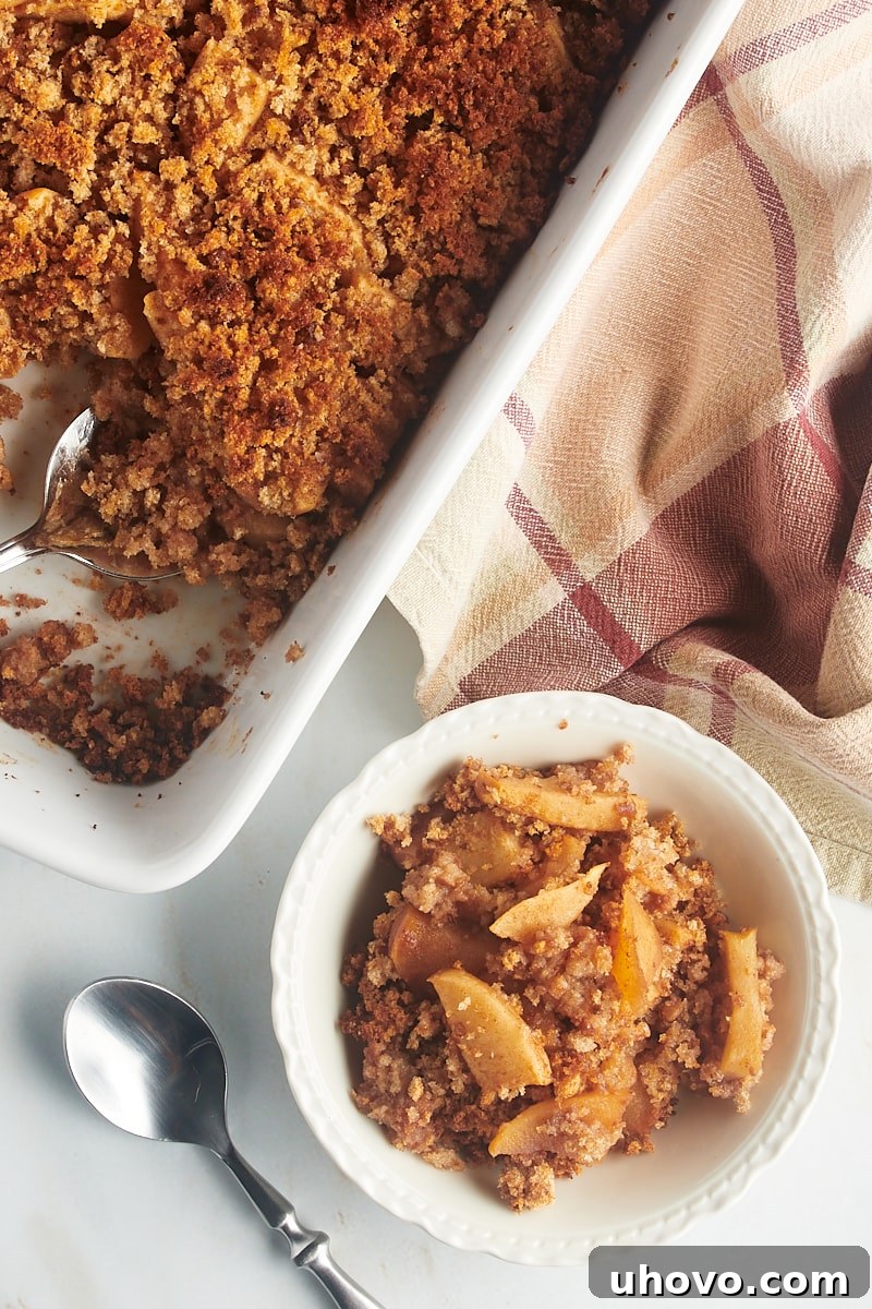 Overhead view of Apple Brown Betty in baking dish and bowl, ready for serving.