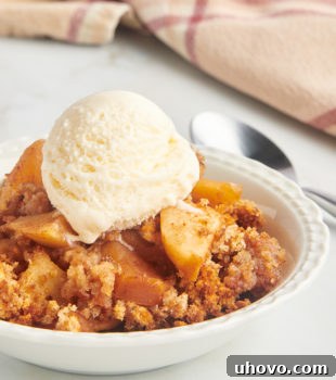 Apple Brown Betty in white bowl with scoop of ice cream on top