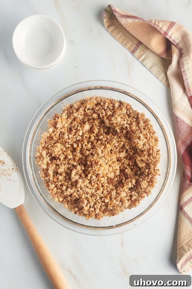 Overhead view of the fully mixed breadcrumb topping mixture for Apple Brown Betty.