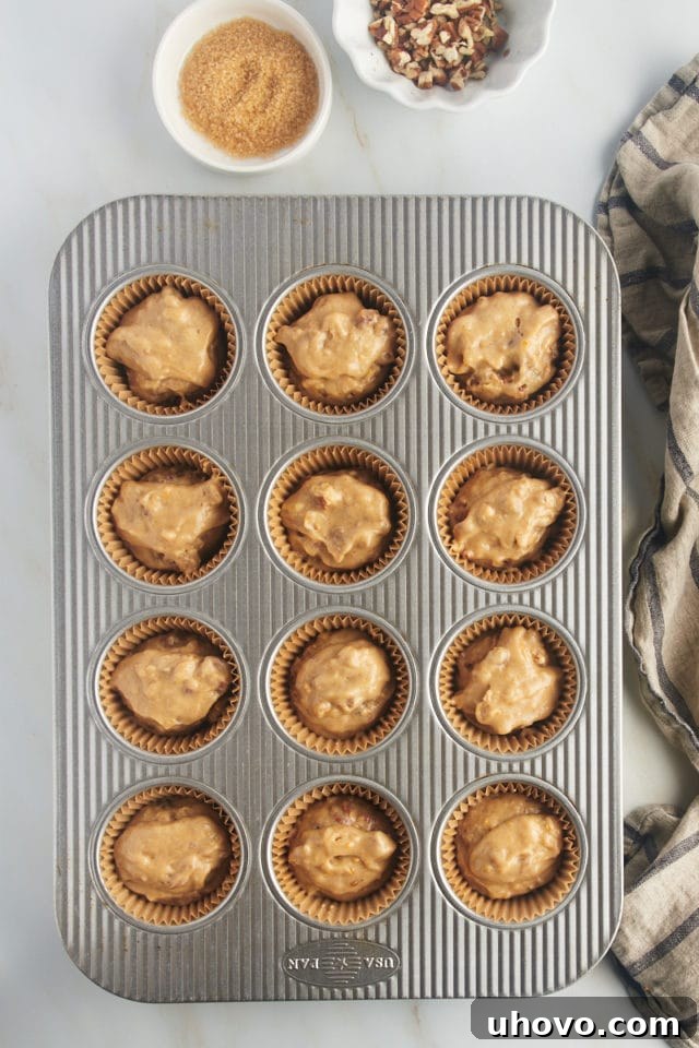 overhead view of portioned date nut muffin batter in a muffin pan