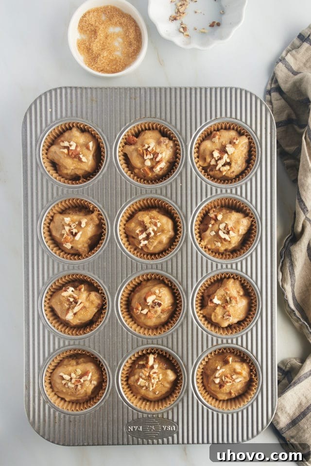 overhead view of portioned date nut muffin batter topped demerara sugar and chopped pecans