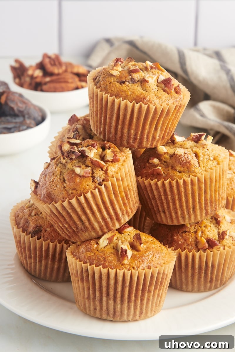 date nut muffins piled on a white plate