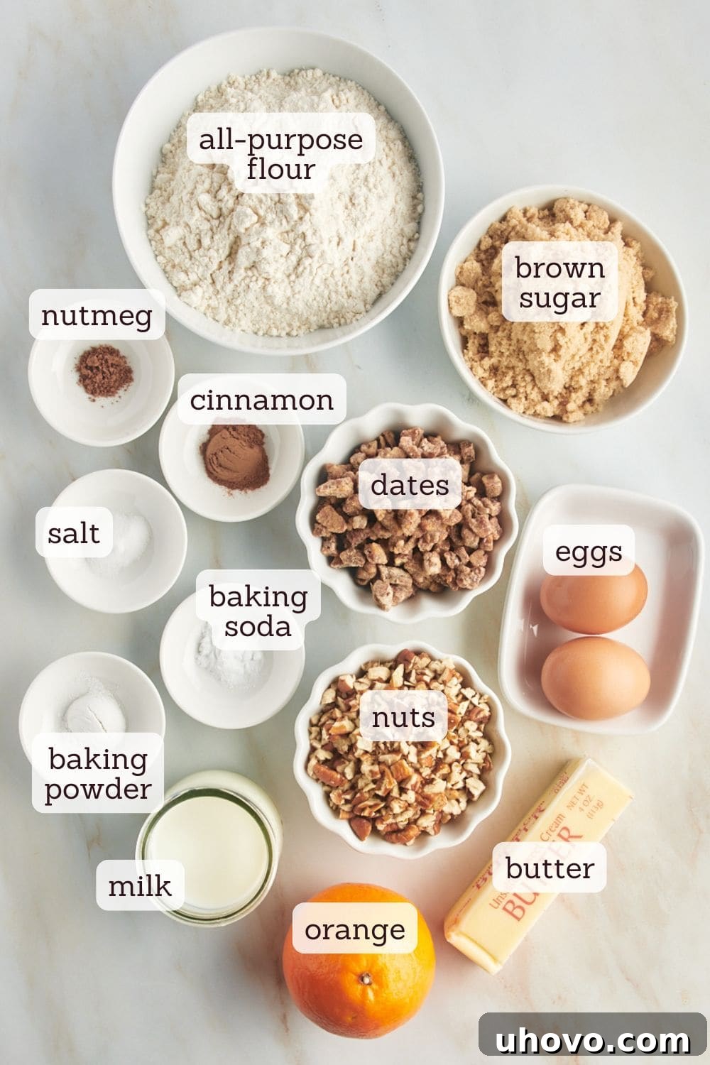 overhead view of labeled ingredients for date nut muffins