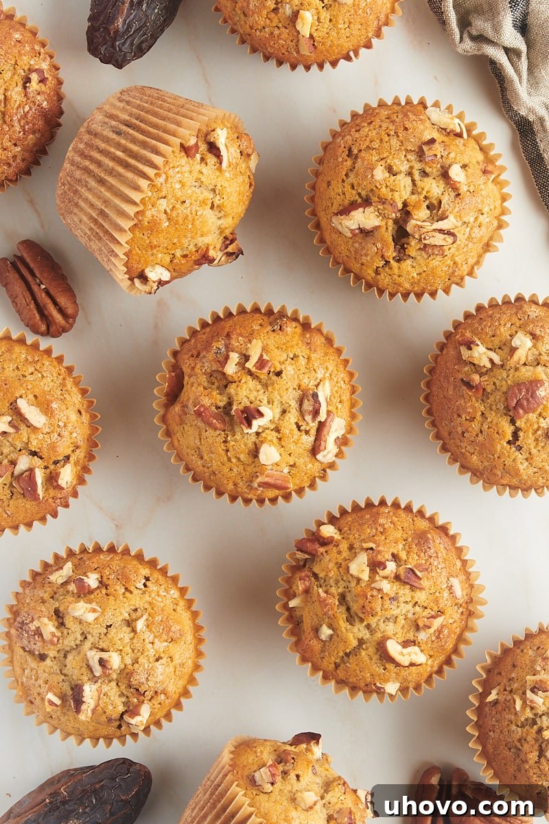overhead view of date nut muffins scattered on a countertop