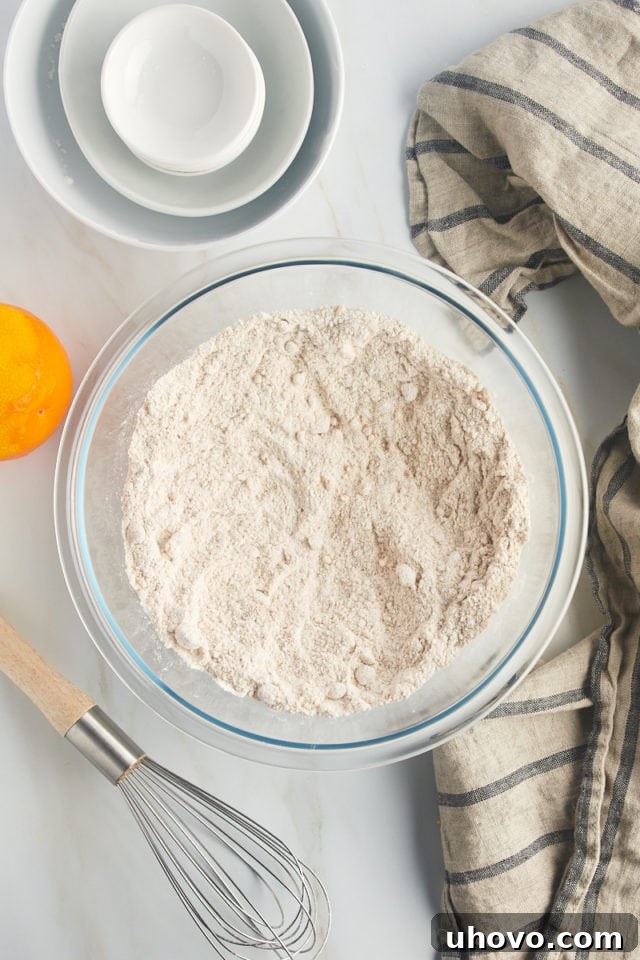 overhead view of mixed dry ingredients for date nut muffins