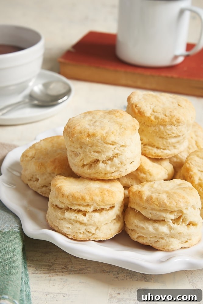 Cream Cheese Biscuits stacked on a white plate, ready for chocolate gravy