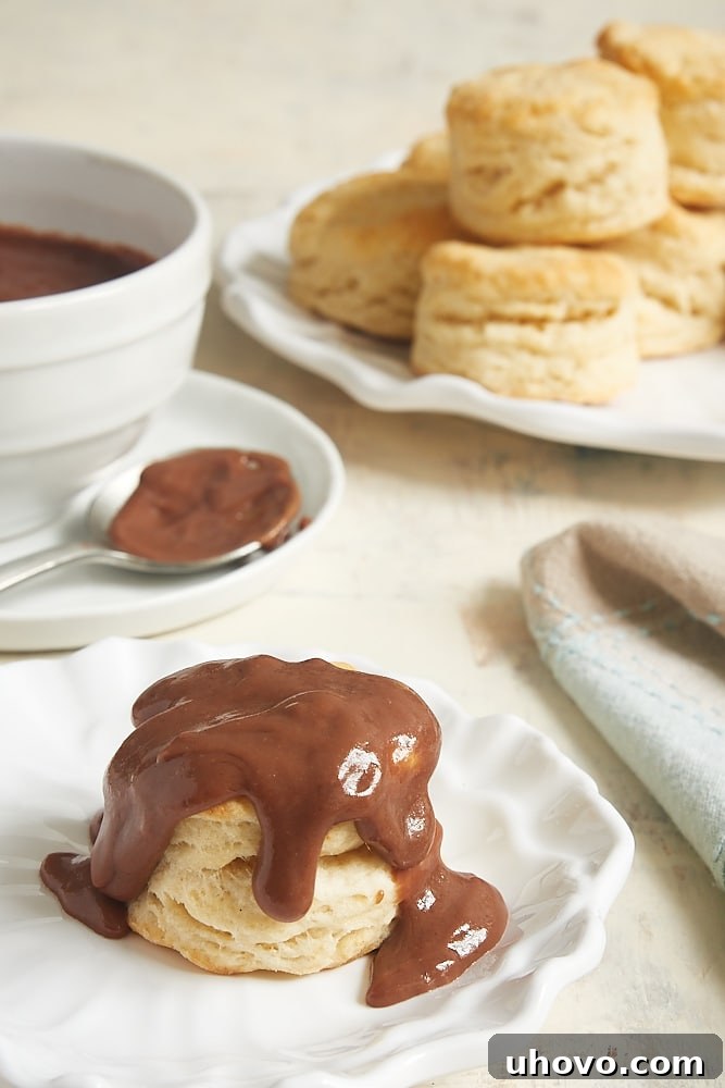 Biscuit topped with chocolate gravy on white plate, with additional biscuits in background