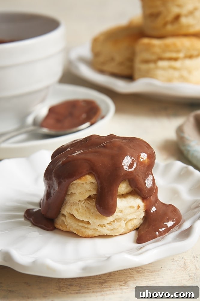 Cream Cheese Biscuits and Chocolate Gravy served on a white plate