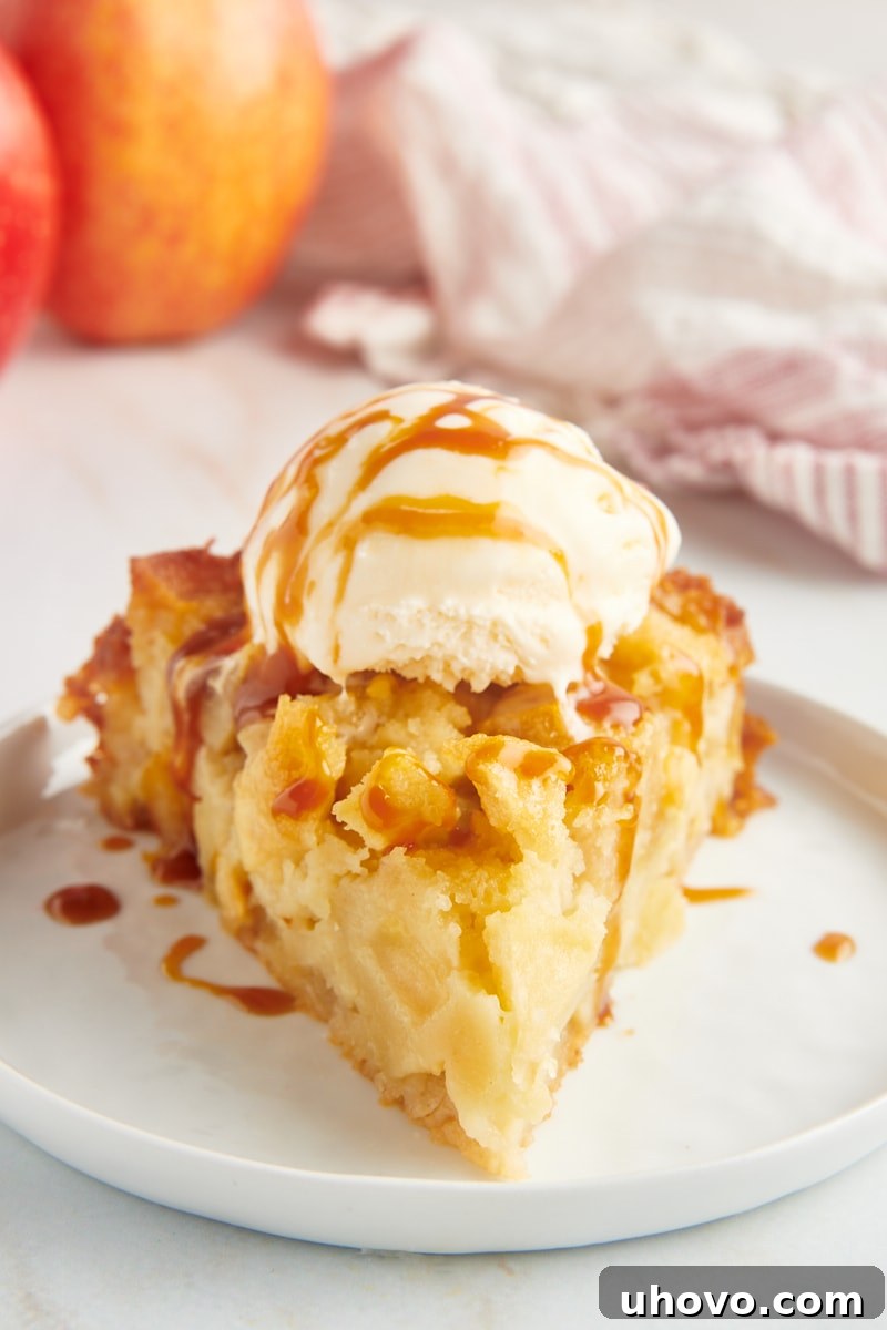 A delectable slice of French apple cake, generously topped with a scoop of vanilla ice cream and a luscious caramel sauce, inviting you to indulge in its comforting flavors and charming rustic elegance.