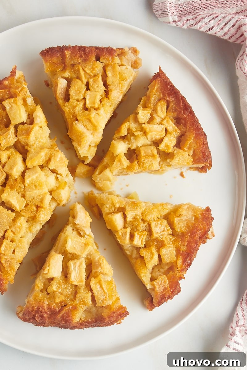 An overhead view of a French apple cake, partially sliced, resting on a pristine white cake plate, highlighting its golden-brown crust and inviting texture.
