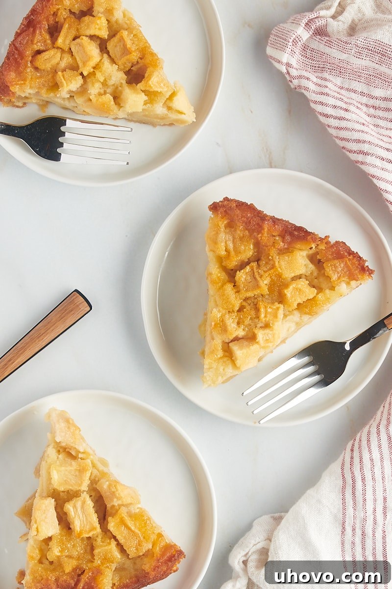An elegant overhead display of three perfectly sliced French apple cakes, each meticulously placed on a pristine white plate, showcasing their inviting golden crust and tender apple filling.