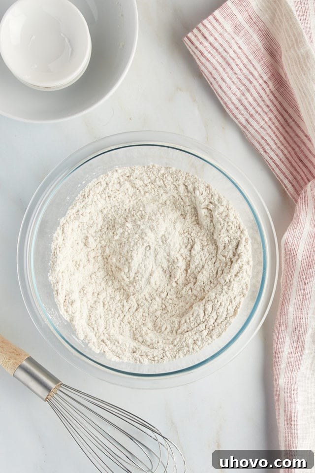 Overhead view of mixed dry ingredients for crumb-topped apple cookies.