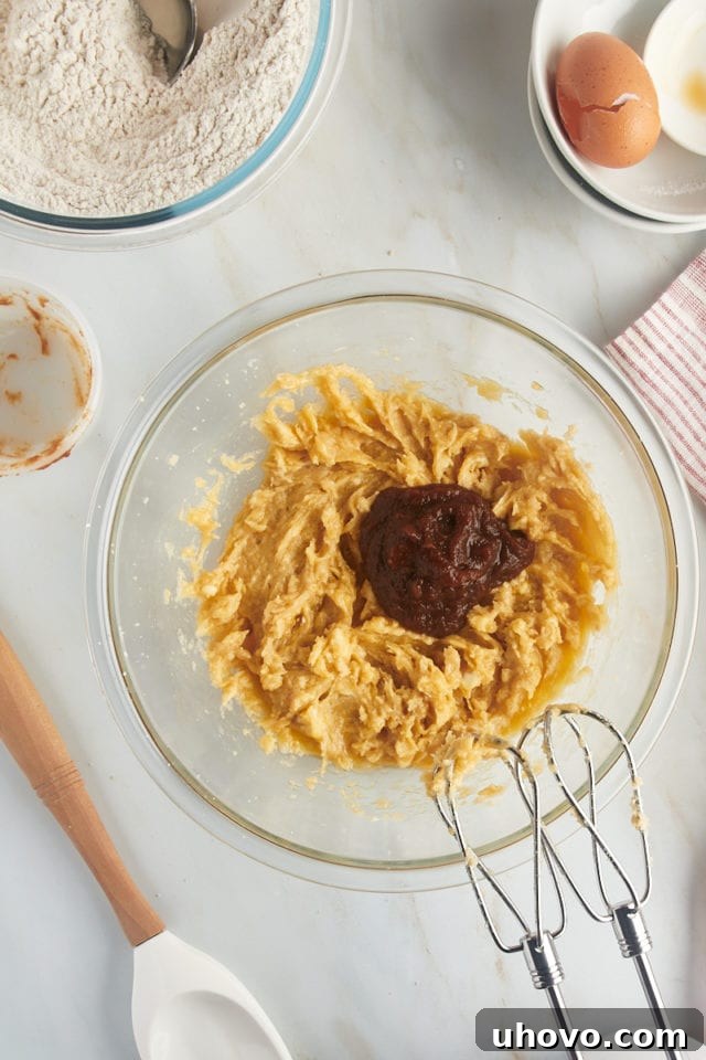 Overhead view of apple butter added to cookie dough.