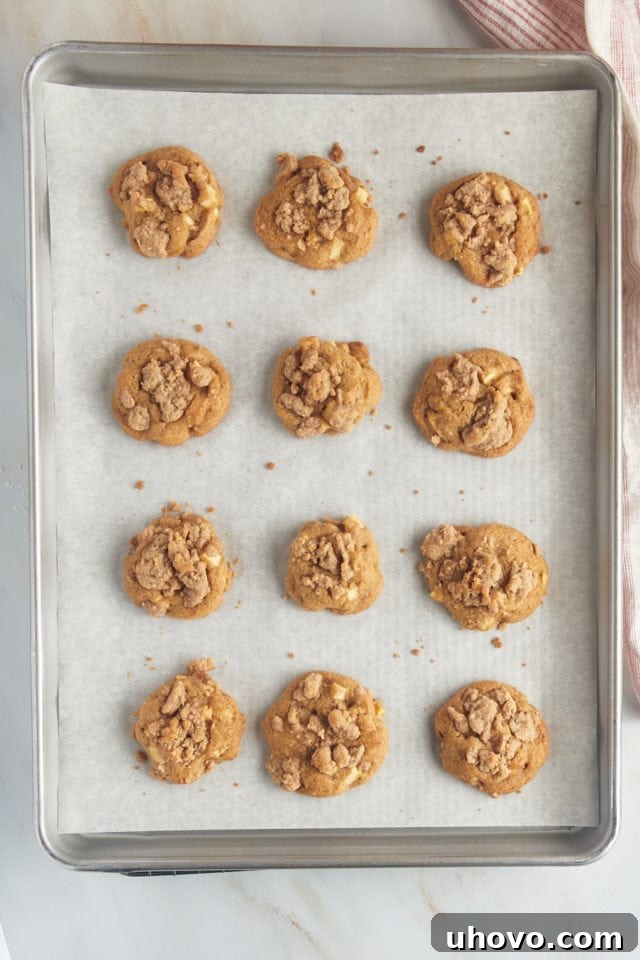 Overhead view of freshly baked crumb-topped apple cookies on a parchment-lined baking sheet.
