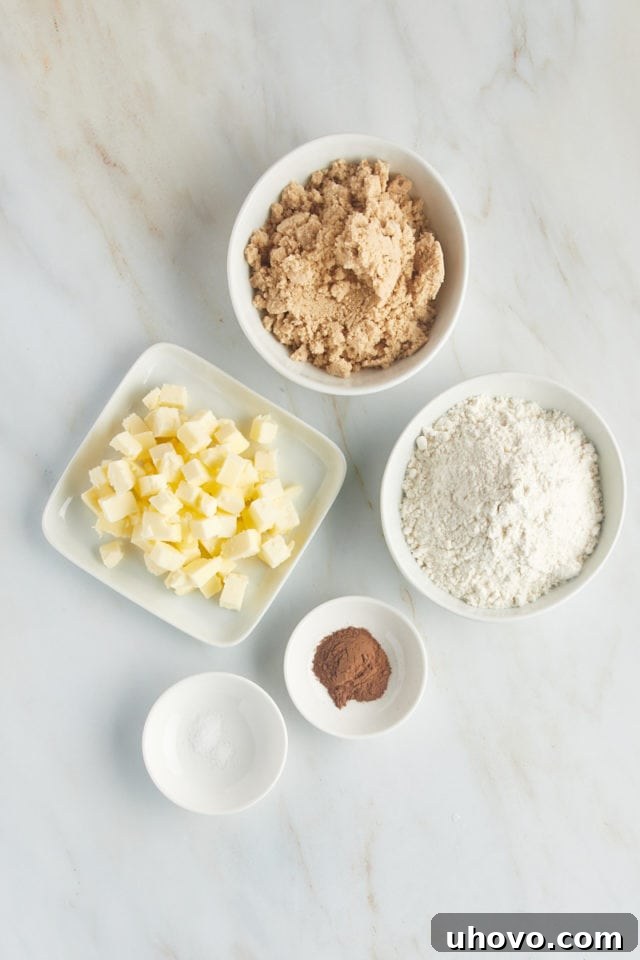 Overhead view of ingredients for a crumb topping.