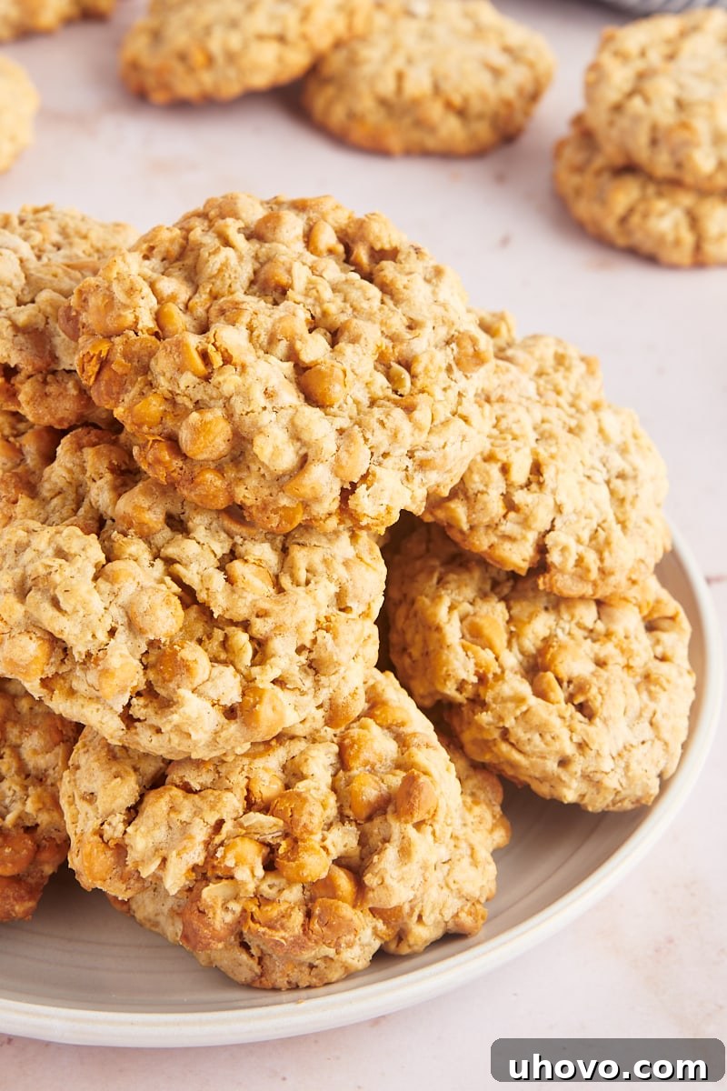 Oatmeal butterscotch cookies stacked on plate