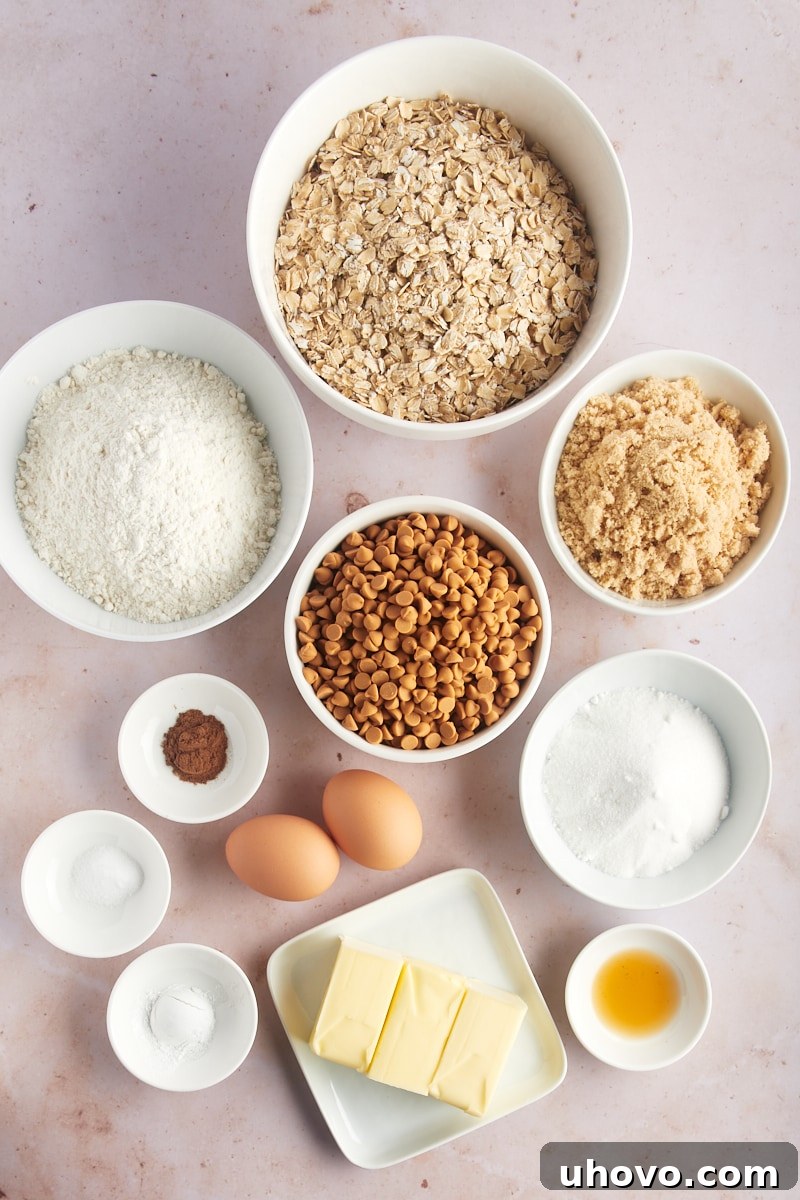 Overhead view of ingredients for oatmeal butterscotch cookies