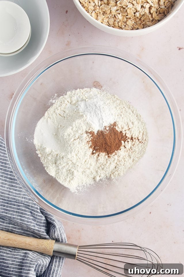 Overhead view of dry ingredients for cookies in glass bowl before whisking