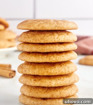 Tall stack of snickerdoodle cookies, perfectly golden with a soft cinnamon-sugar coating.