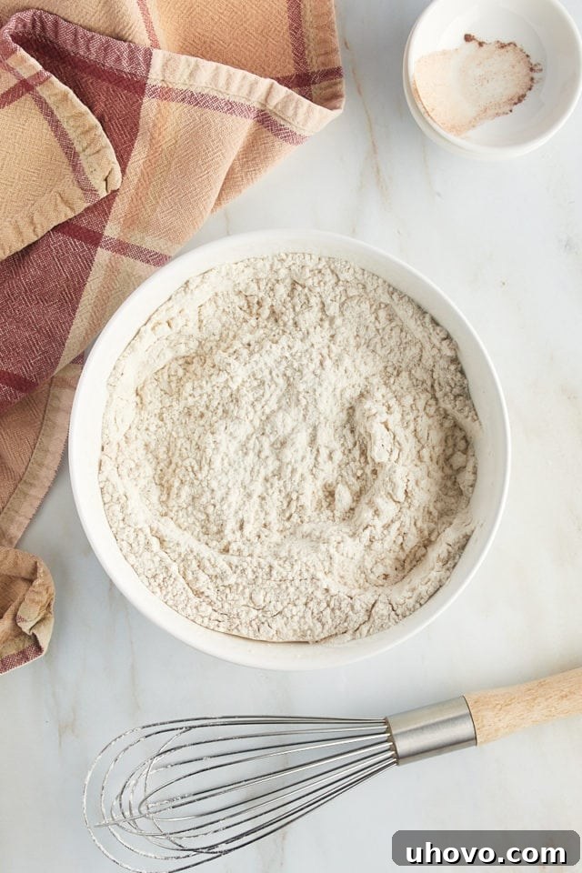 An overhead shot depicting the dry ingredients for snickerdoodle cookies, now thoroughly whisked together in a mixing bowl, creating a uniform blend.