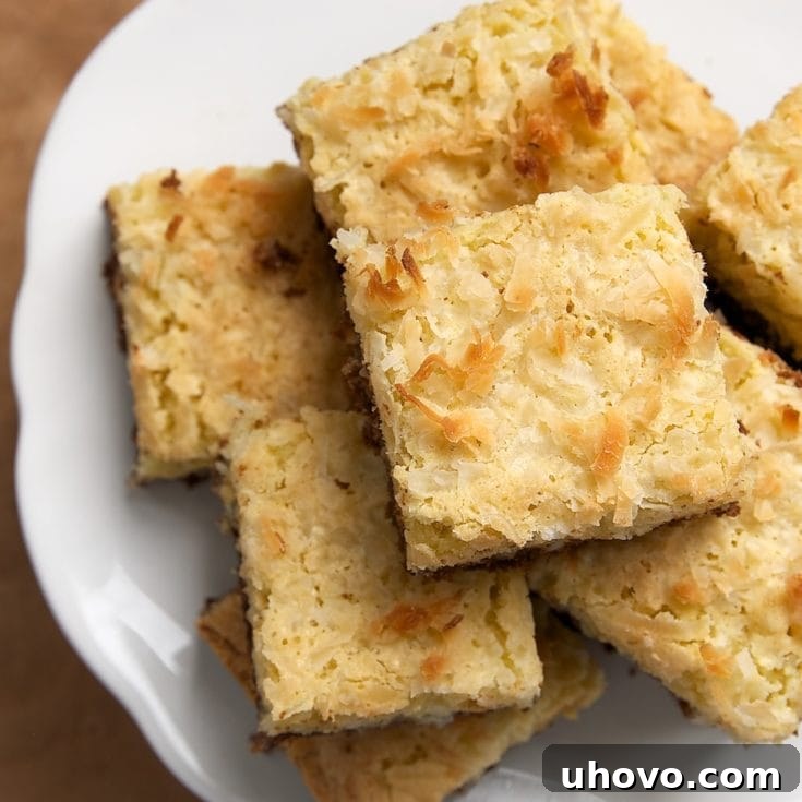 A perfectly cut coconut bar showcasing the layers of chocolate shortbread crust and a generous, golden-toasted coconut topping, ready to be enjoyed.