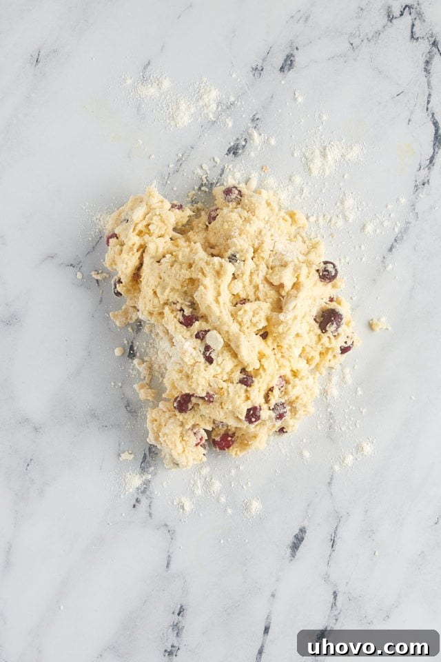 overhead view of cranberry orange scone dough on a floured marble surface
