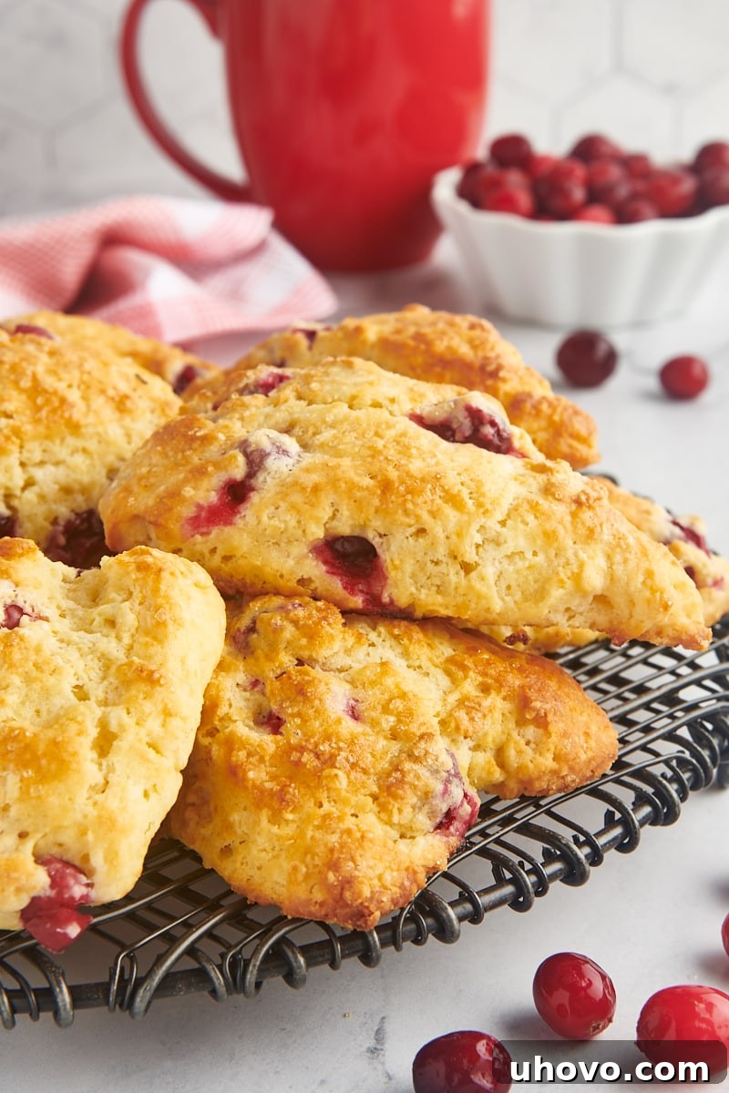 cranberry orange scones on a wire rack with a bowl of cranberries and a red mug in the background