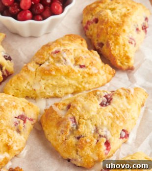 glazed cranberry orange scones on parchment paper alongside a small bowl of cranberries