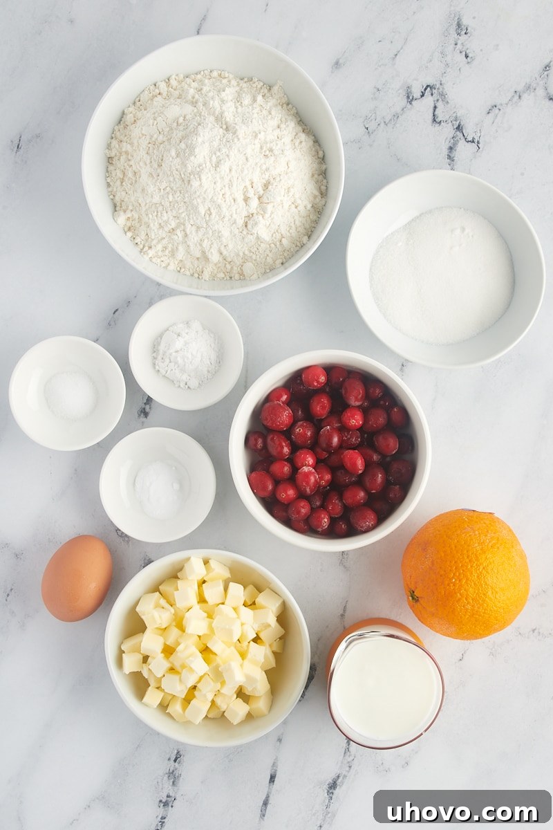 overhead view of ingredients for cranberry orange scones