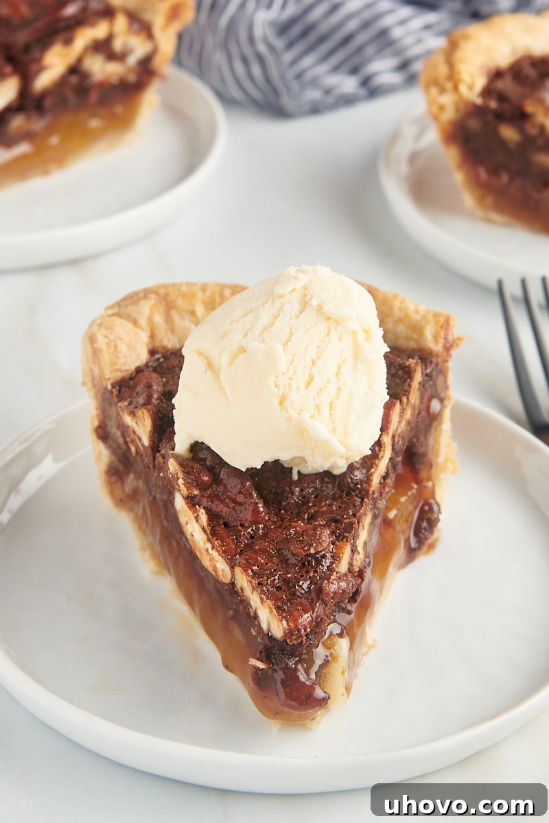 a slice of chocolate pecan pie topped with ice cream and served on a white plate