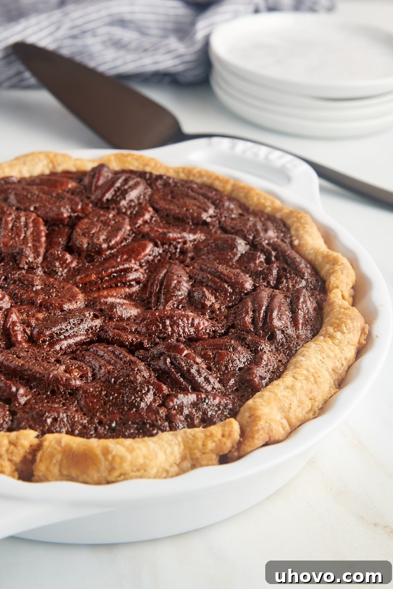 chocolate pecan pie in a white pie plate