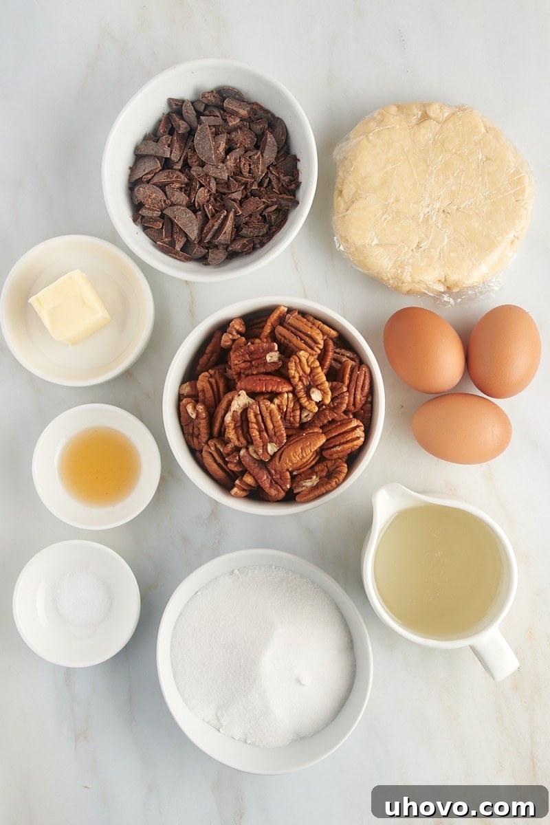 overhead view of ingredients for chocolate pecan pie