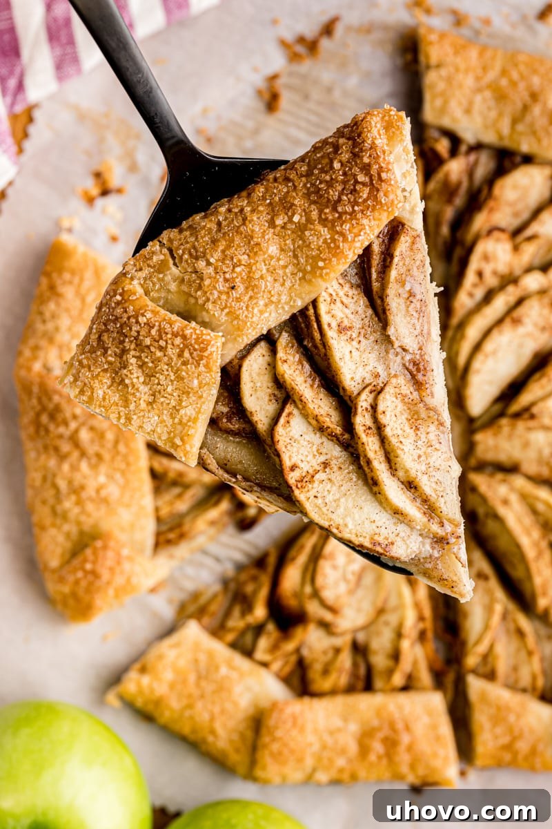 overhead view of a slice of apple galette on a pie server with the remaining pie in the background