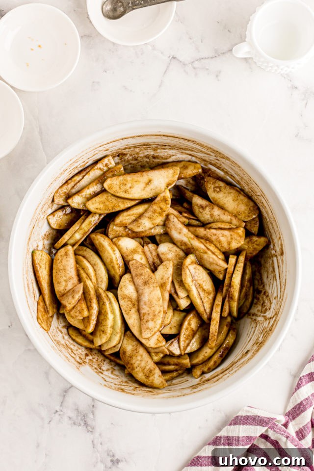 overhead view of mixed apple galette filling in a white mixing bowl