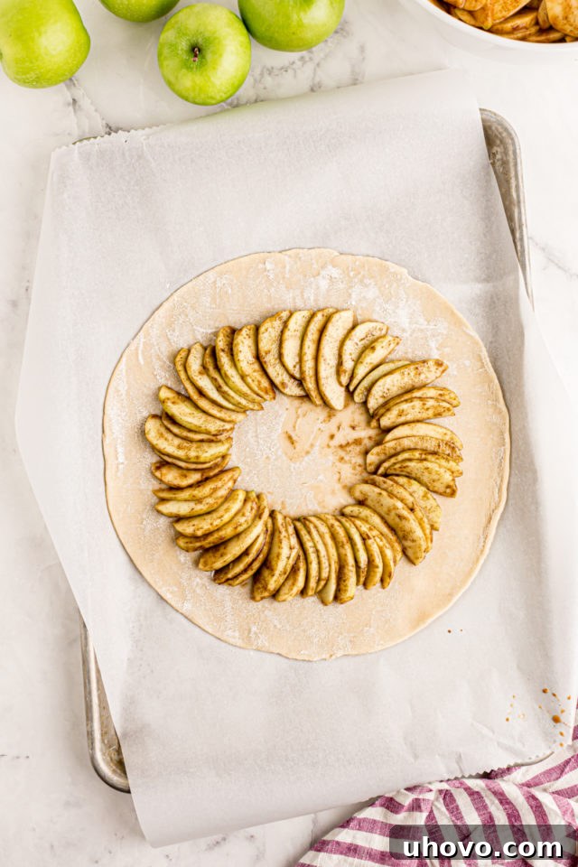 overhead view of pie crust partially filled with apple galette filling