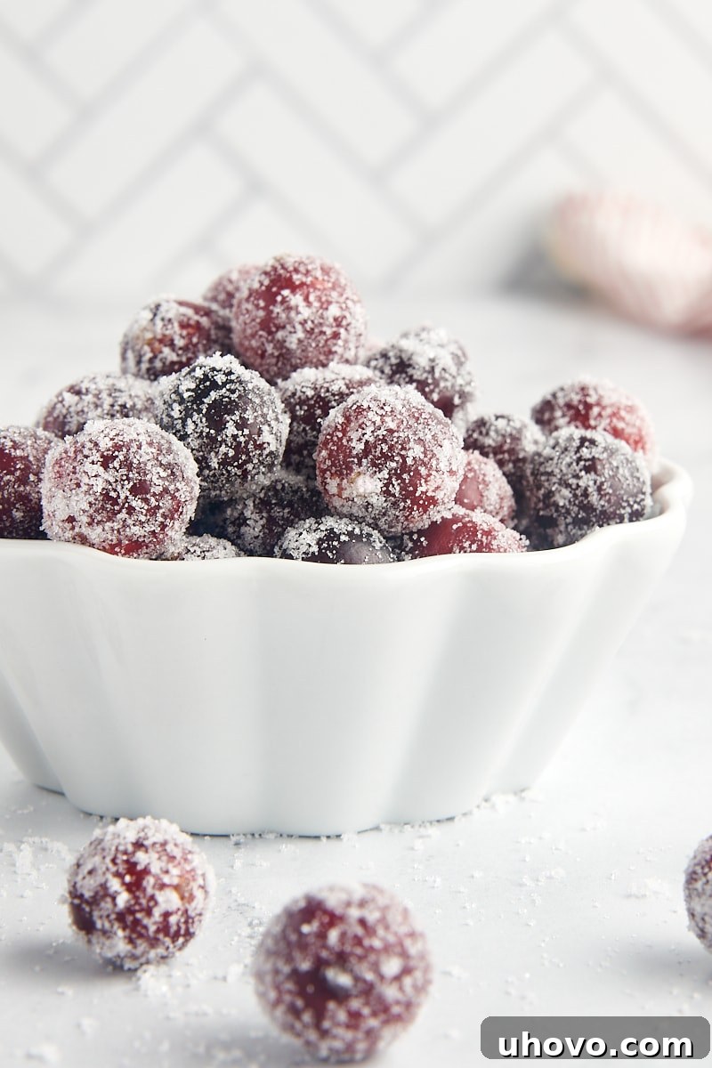 A white bowl filled with glistening sugared cranberries, ready to be enjoyed or used as a festive garnish.